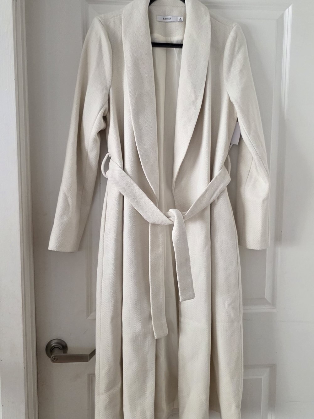 JustFab Ivory Long Robe Coat with Self-Tie Belt